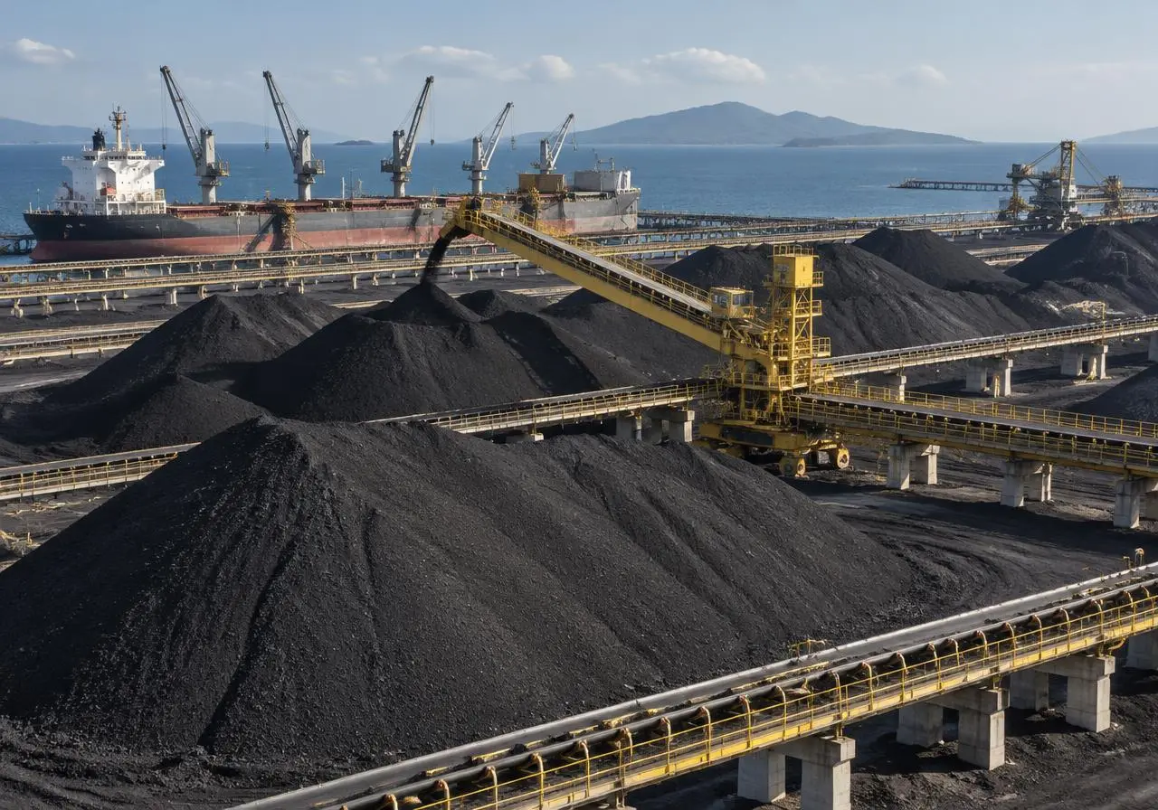 Bulk commodity terminal with coal stockpiles and conveyor infrastructure